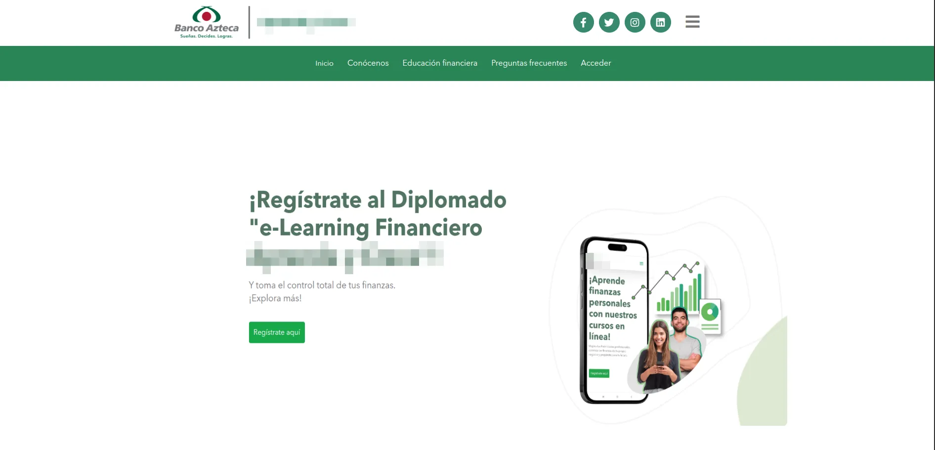 Portada pública de la plataforma de educación financiera de Banco Azteca en México, con la invitación a registrarse al diplomado.