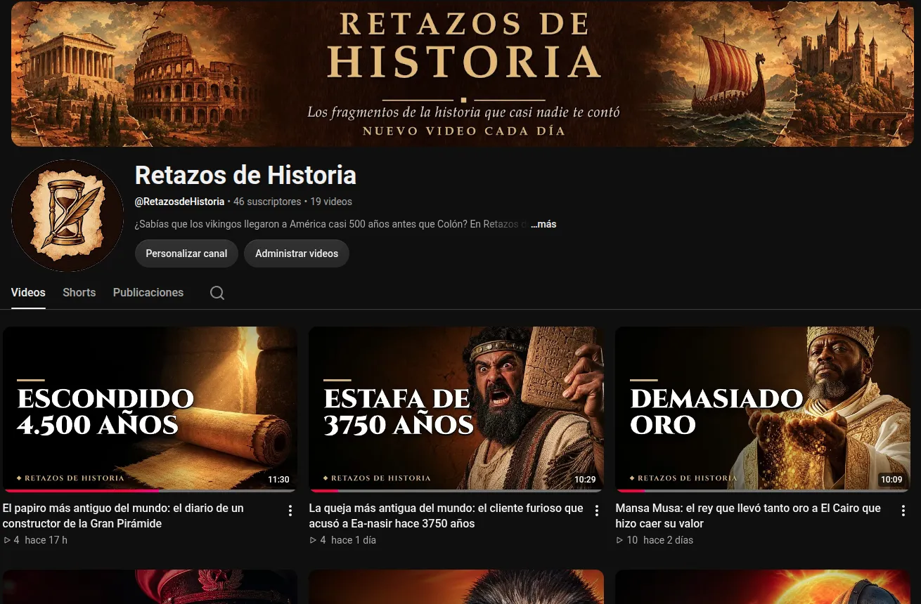 Canal de YouTube Retazos de Historia, con su portada y los videos más recientes.